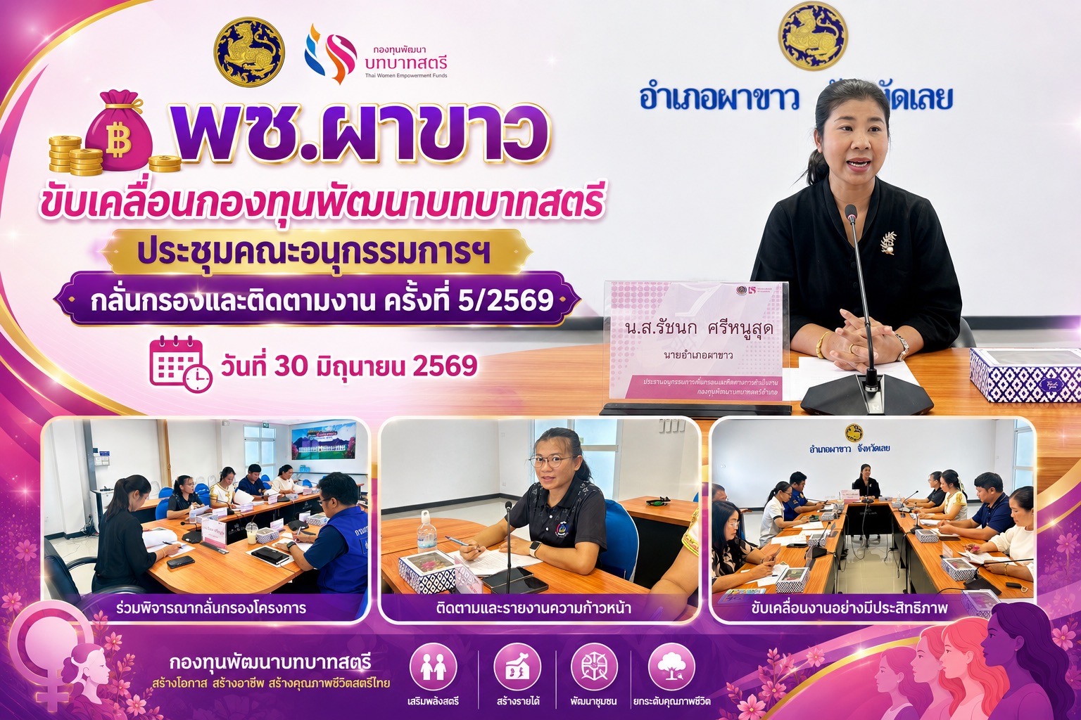   💸พช.ผาขาว ขับเคลื่อนกองทุนพัฒนาบทบาทสตรี ประชุมคณะอนุกรรมการฯ กลั่นกรองและติดตามงาน ครั้งที่ 5/2569